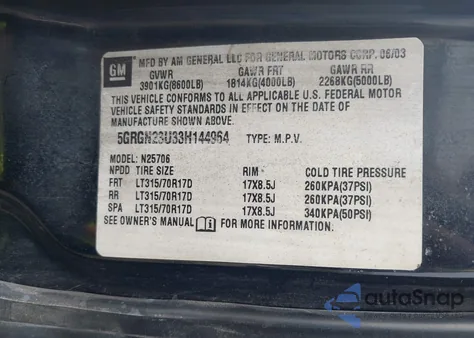 2003 Hummer H2 from USA, damaged, VIN 5GRGN23U33H144964